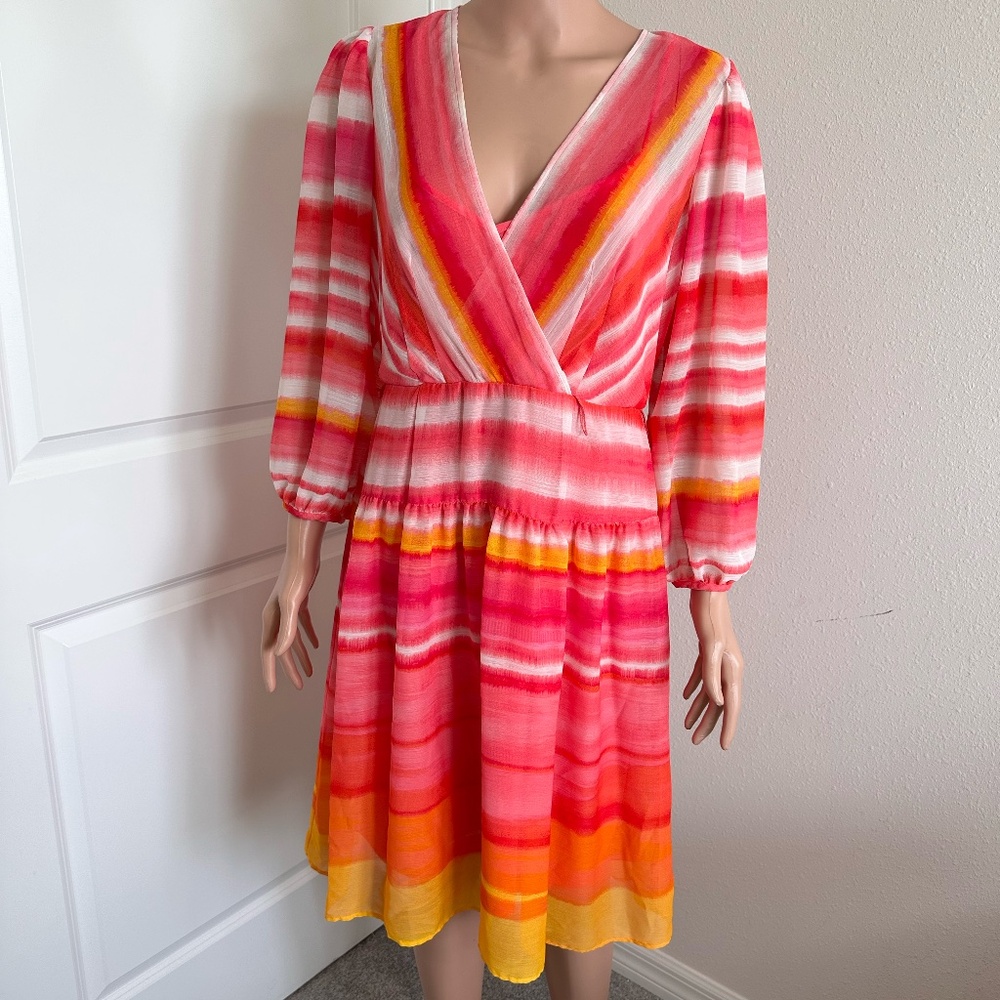Calvin Klein Pink salmon cruise v-neck balloon sleeve belt in size 8.
